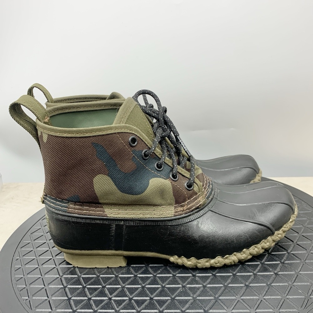 LL Bean Duck Boots Women Size 8 Shoes Green Camo Canvas Black Rubber Low 6"